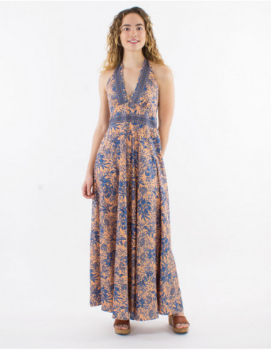 Original peach boho floral halter dress for summer