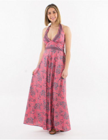 Robe longue dos nu originale à motif boho fleuris rose pour l'été