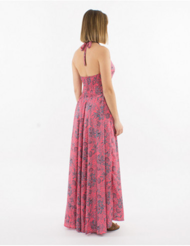 Long flowing summer dress with pink bohemian floral neck tie