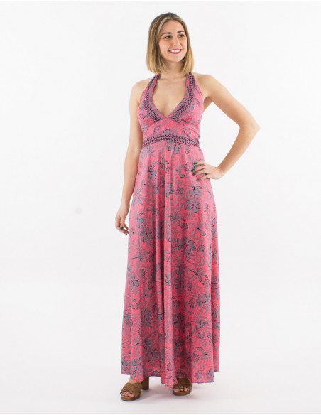 Pink boho chic print halter summer long dress