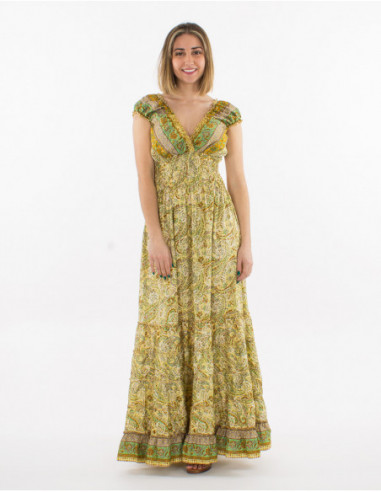 Princess long dress with yellow boho chic print ruffles