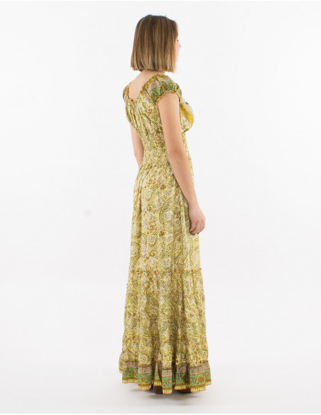 Original back of long princess dress with ruffles for spring boho yellow