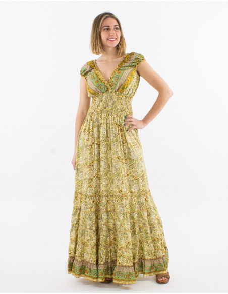 Colline long flowing dress for summer with yellow boho chic pattern