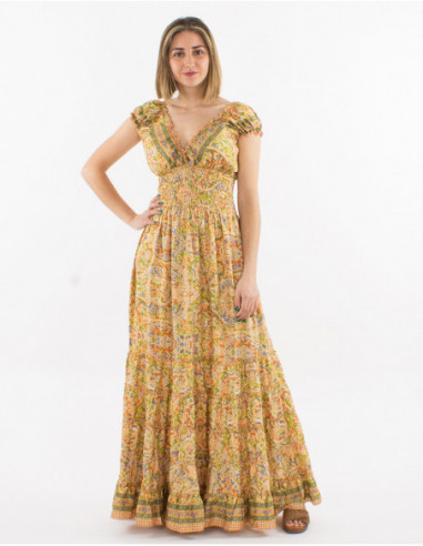 Robe longue de princesse avec fronces à imprimé boho chic orange