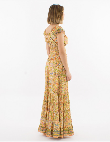 Original back of long princess dress with ruffles for spring boho orange