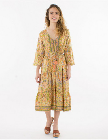 Fluid midi dress with pompoms printed hippie cashmere beige