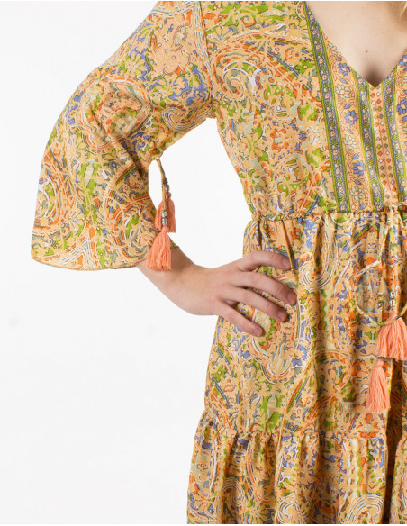 Robe midi bohème avec liens et pompons