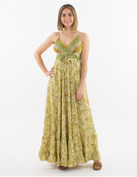 Feminine summer long dress with original hippie pattern and