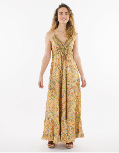 Original summer long dress with chic orange paisley print halter