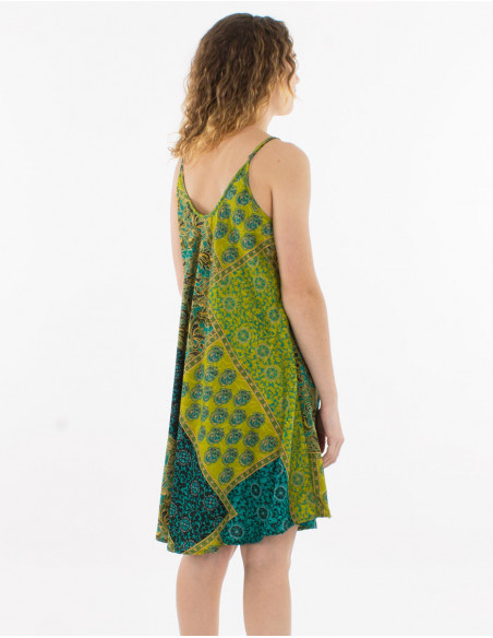 Short light summer dress with original green baba cool patchwork pattern