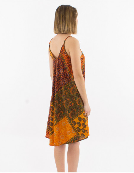 Short light summer dress with original orange baba cool patchwork pattern