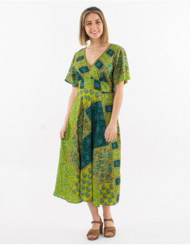 Ruffled short sleeve midi dress with green patchwork baba cool pattern