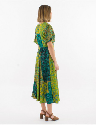 Baba cool summer flowing dress with ruffles original patchwork pattern green