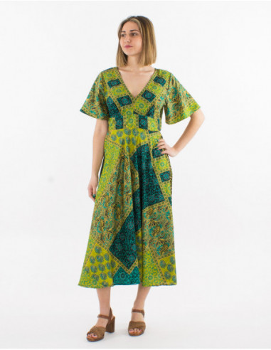 Baba cool short sleeve midi dress with green oriental patchwork print