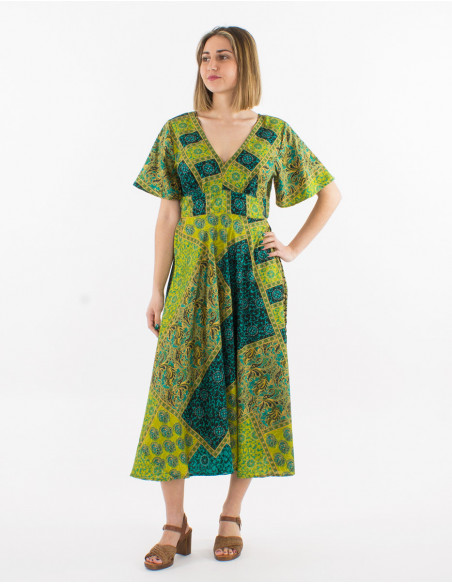 Baba cool short sleeve midi dress with green oriental patchwork print