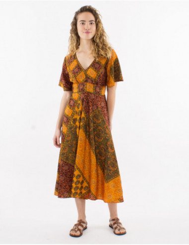 Ruffled short sleeve midi dress with orange patchwork baba cool pattern orange
