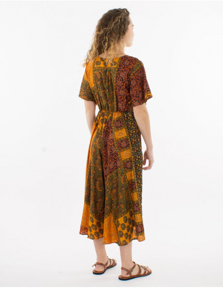 Baba cool summer flowing dress with ruffles original patchwork pattern orange