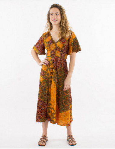 Baba cool short sleeve midi dress with orange oriental patchwork print