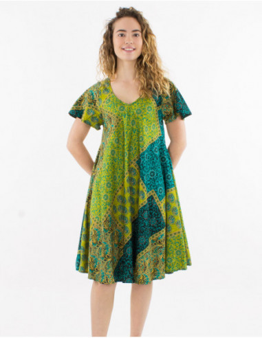 Short comfortable summer flared dress with green baba cool print