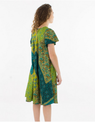 Original short flowing summer dress with green patchwork baba cool pattern