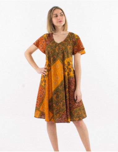 Short comfortable summer flared dress with orange baba cool print