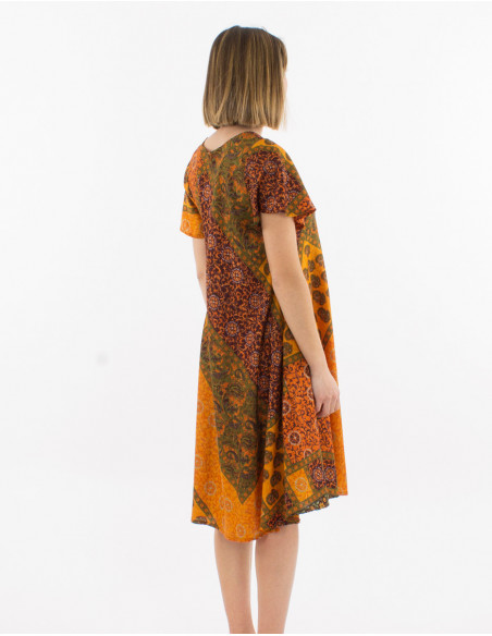 Original short flowing summer dress with orange patchwork baba cool pattern