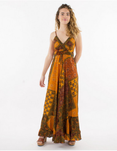 Original orange patchwork print summer long dress for women