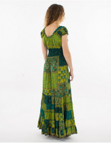 Robe longue élastiquée printemps 2023 à motif baba cool patchwork vert