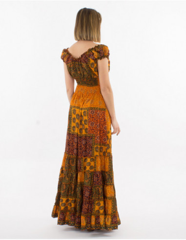 Robe longue élastiquée printemps 2023 à motif baba cool patchwork orange