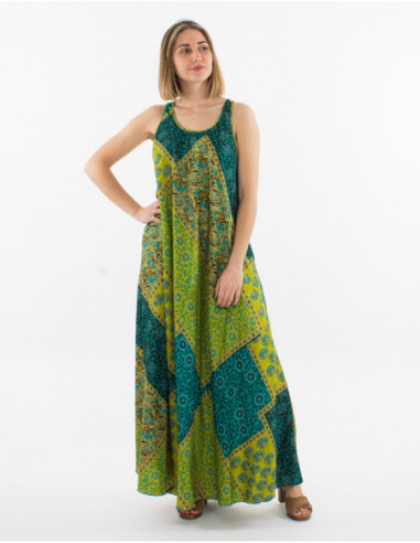 Original summer long dress with wide cut and green baba cool pattern