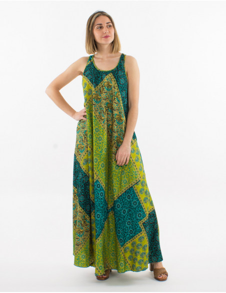 Original summer long dress with wide cut and green baba cool pattern