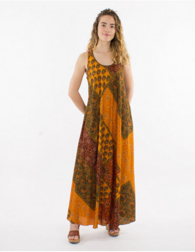 Orange baba cool patchwork print summer sleeveless maxi dress