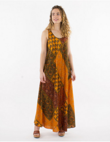 Original summer long dress with wide cut and orange baba cool pattern