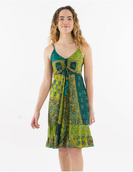 Flowing short dress perfect for summer hippie chic green pattern