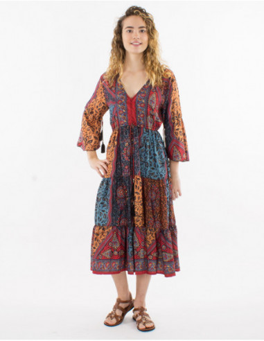 Hippie chic midi dress with tassels original African pattern red