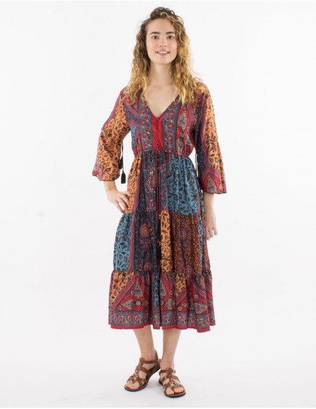 Hippie chic midi dress with tassels original African pattern red