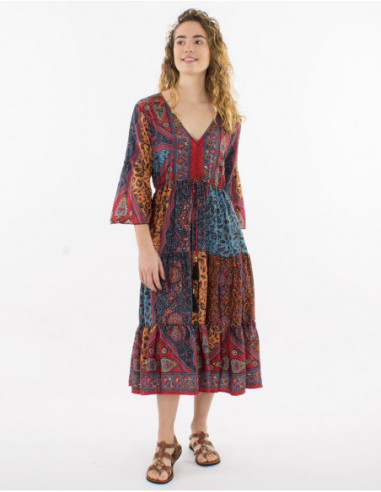 Hippie chic mid-length dress with tassels 3/4 sleeves red