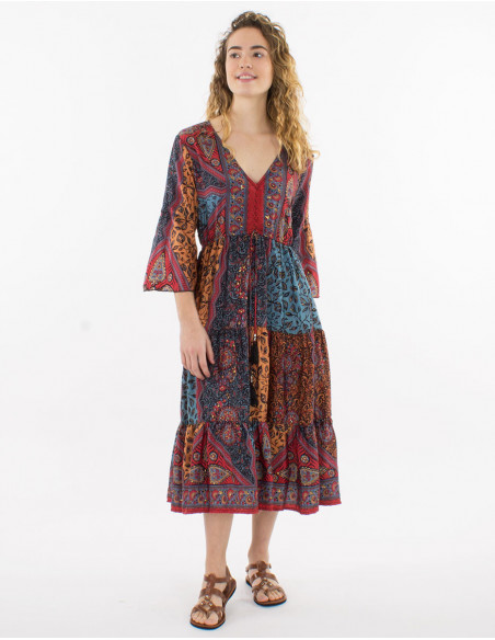 Hippie chic mid-length dress with tassels 3/4 sleeves red