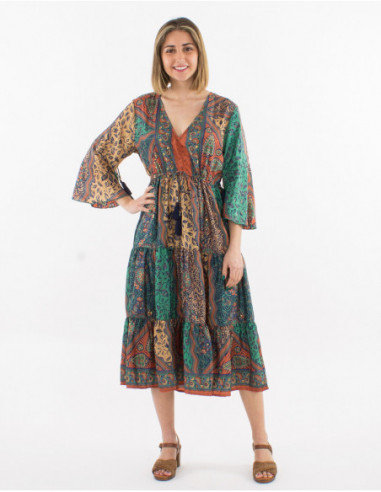 Hippie chic midi dress with tassels original African pattern rust