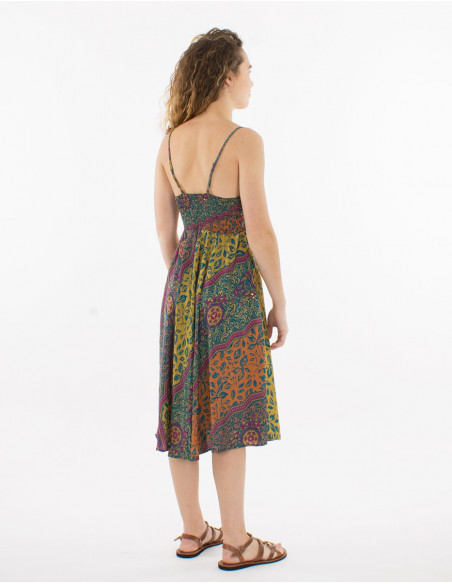 Robe mi longue ethnique à fines bretelles motif africain rouille