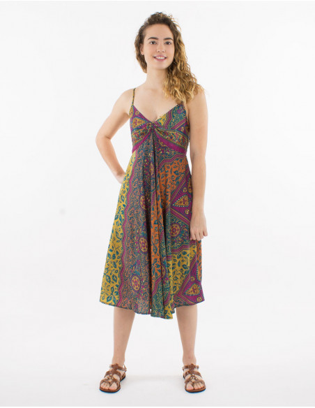 Robe mi longue évasée pour l'été à imprimé hippie africain rouille