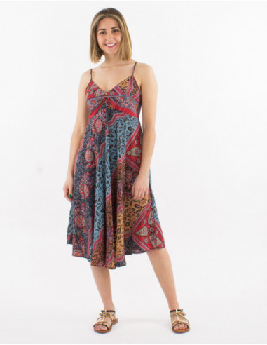 Robe mi longue ethnique à fines bretelles motif africain