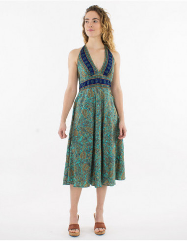 Robe midi dos nu col V plongeant imprimé romantique bleu turquoise