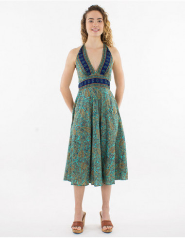 Original romantic midi dress with straps to tie in the back turquoise blue