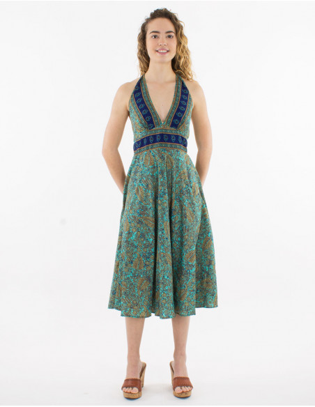 Robe midi originale romantique bretelles à nouer dans le dos bleu turquoise