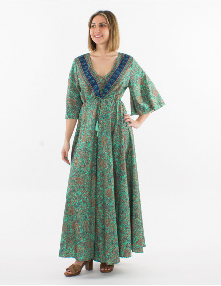 Long beach dress with short sleeves printed romantic chic mint green