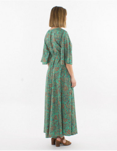 Robe longue chic féminine de Coline à imprimé romantique fleuri vert menthe