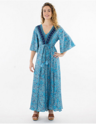 Long beach dress with short sleeves printed romantic chic turquoise blue