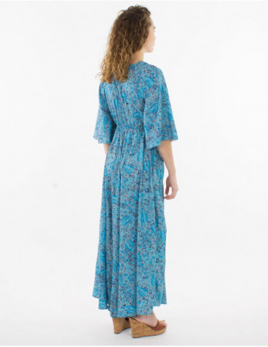 Coline's chic feminine long dress with romantic turquoise blue floral print