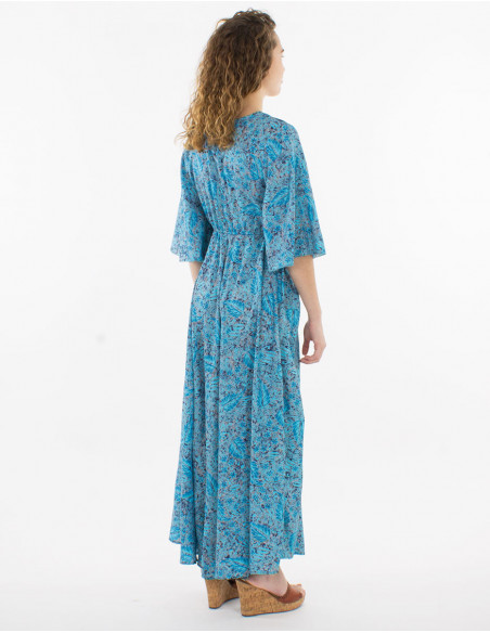 Robe longue chic féminine de Coline à imprimé romantique fleuri bleu turquoise